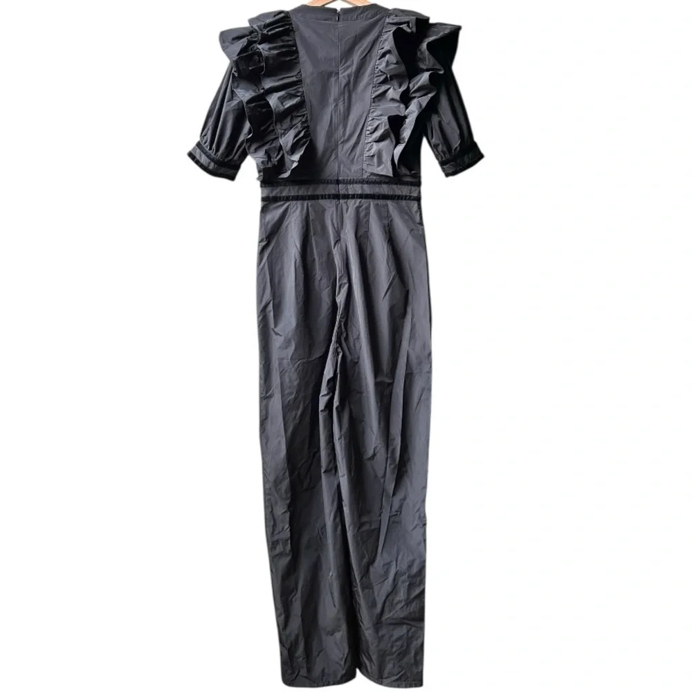 NWT HUNTER BELL Onyx Black Elva Ruffle Velvet Trim Jumpsuit Sz 4 - Picture 10 of 16